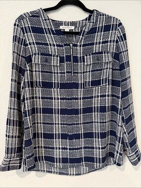 Studio Works Navy & White Plaid Long Sleeve Top